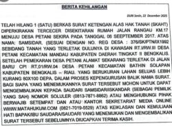 BERITA KEHILANGAN SURAT TANAH